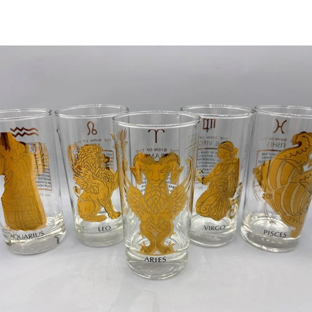 Vtg Set of 5 Gold‎ Zodiac Astrology Glasses Tumblers Barware 22 kt gold